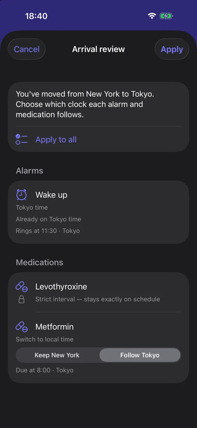 Arrival review listing each alarm and medication with Keep and Follow choices.