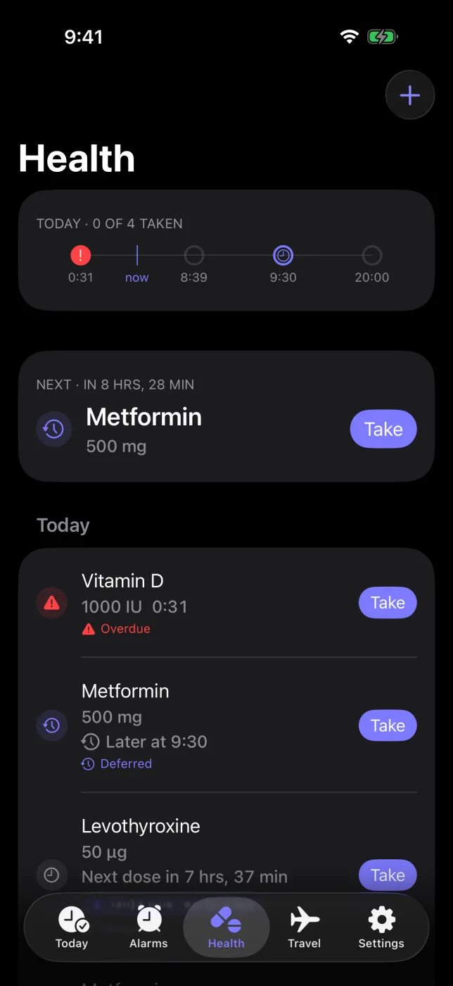 Health tab with today's doses, a deferred dose and a strict-interval countdown.