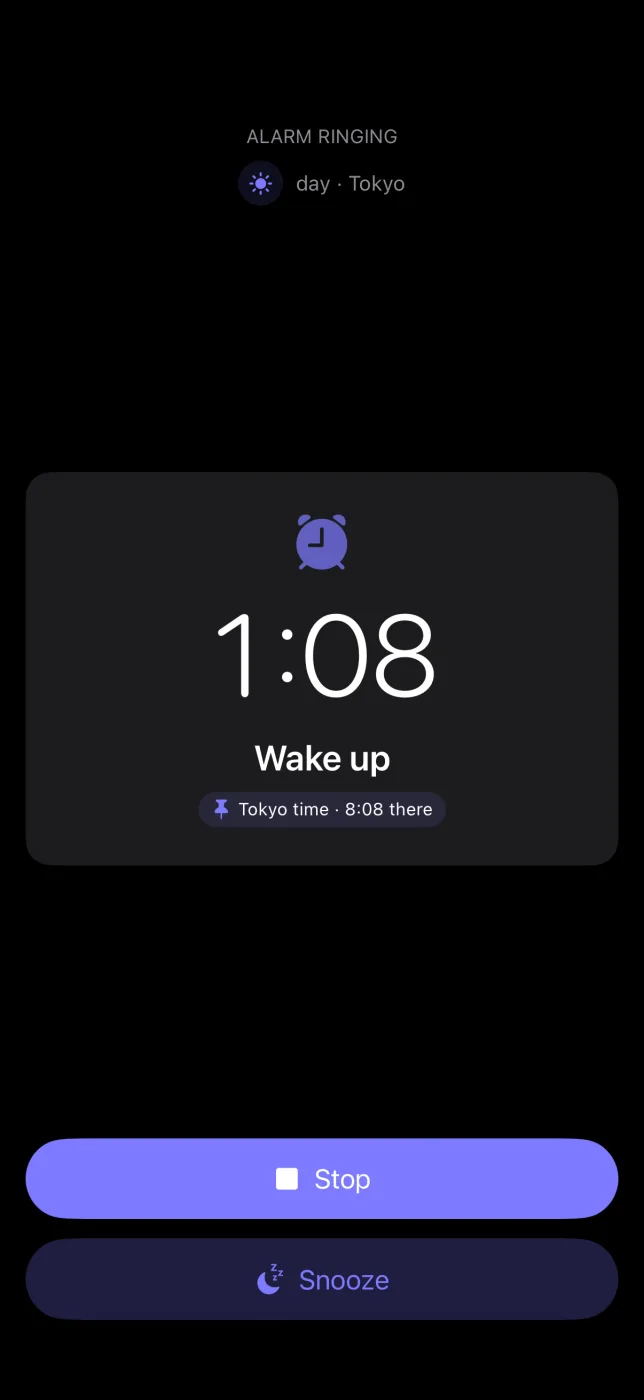 A ringing alarm with Stop and Snooze.