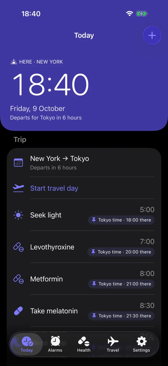 JetSetAlarm's Today screen: the sky where you are and the sky at home, the next trip, and today's alarms and doses with the time in each city.