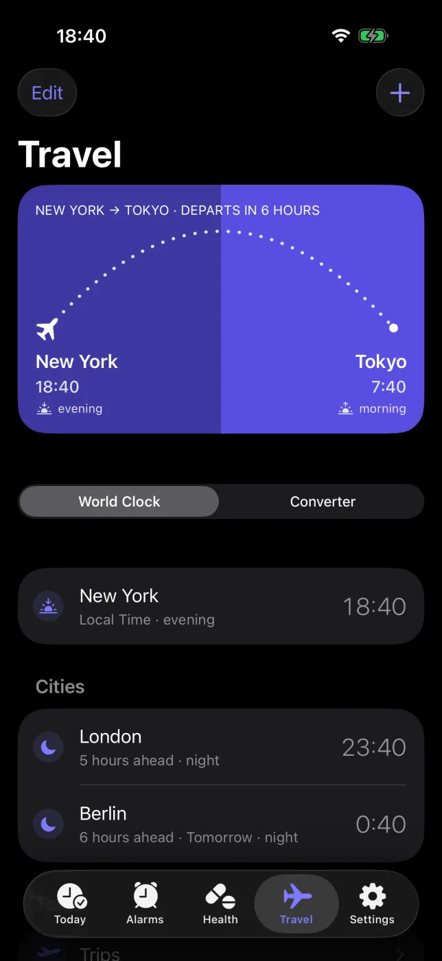 Travel tab with the world clock, cities and tools.